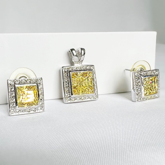 FANCY Canary Yellow and White Zirconias Earrings and Pendant Set 10K Gold Plated - Picture 2 of 8
